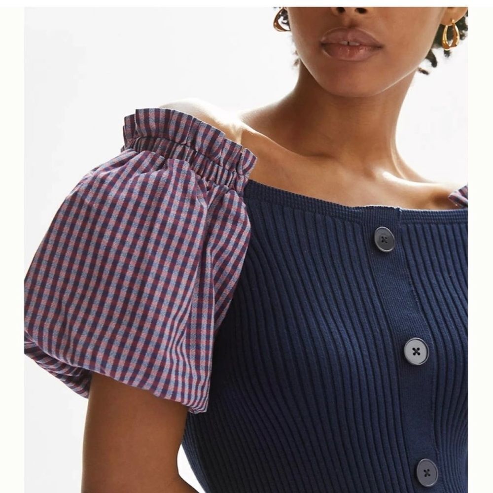 NEW Maeve By Anthropologie Navy Blue Rib Knit Short Puff Sleeves Sweater Dress M - Picture 3 of 13